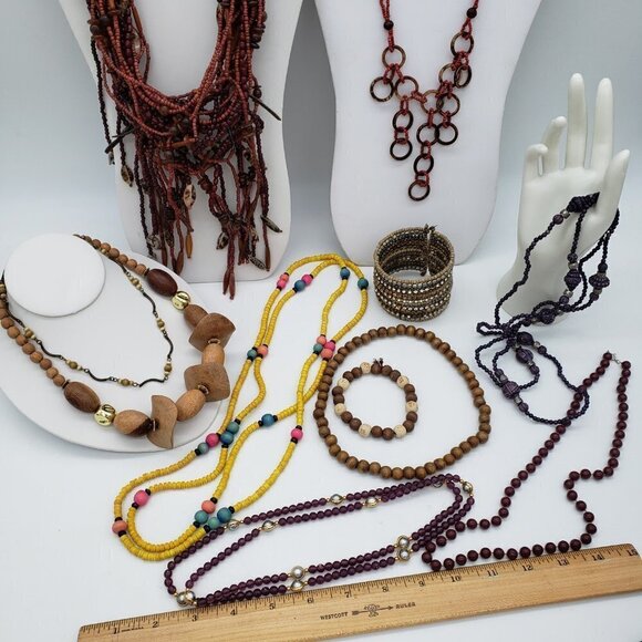 Jewelry Lot Natural Brown Colorful Wood Mixed Materials Necklaces Bracelets - Picture 10 of 12